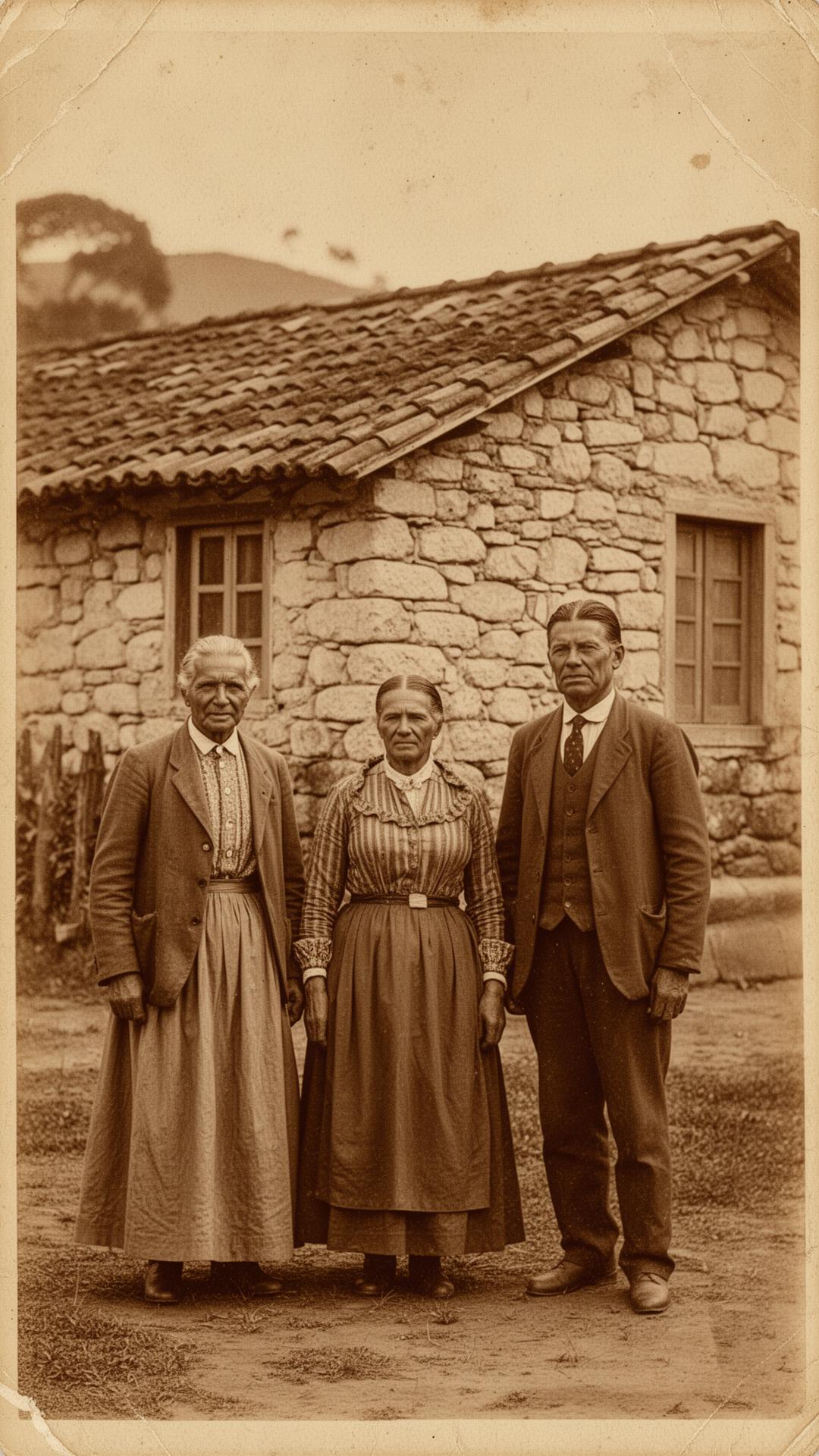 Família italiana histórica em frente à casa de pedra